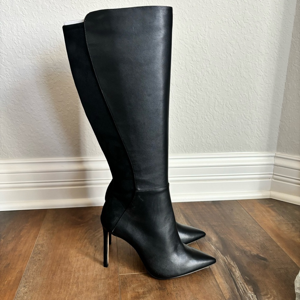 ALDO Women Size 7 Milann Pointed-Toe Tall 4” Stiletto Heel Black Leather Boots - Picture 2 of 12